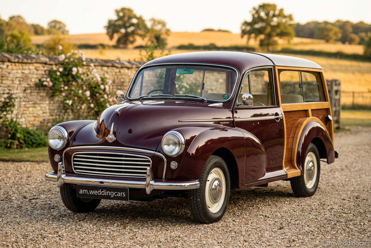 Morris Minor Traveller bordeaux com aplicações em madeira e matrícula A&M Wedding Cars, A&M Wedding Cars