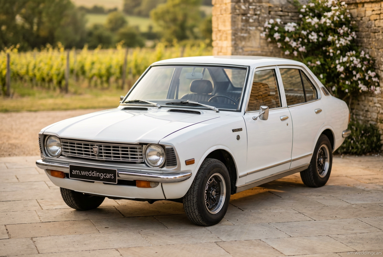 Toyota Corolla 1973 branco em estrada de terra, clássico para casamentos A&M Wedding Cars