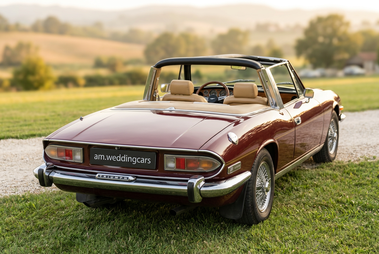Triumph Stag 1972 bordeaux vista traseira com interior em pele cognac, A&M Wedding Cars