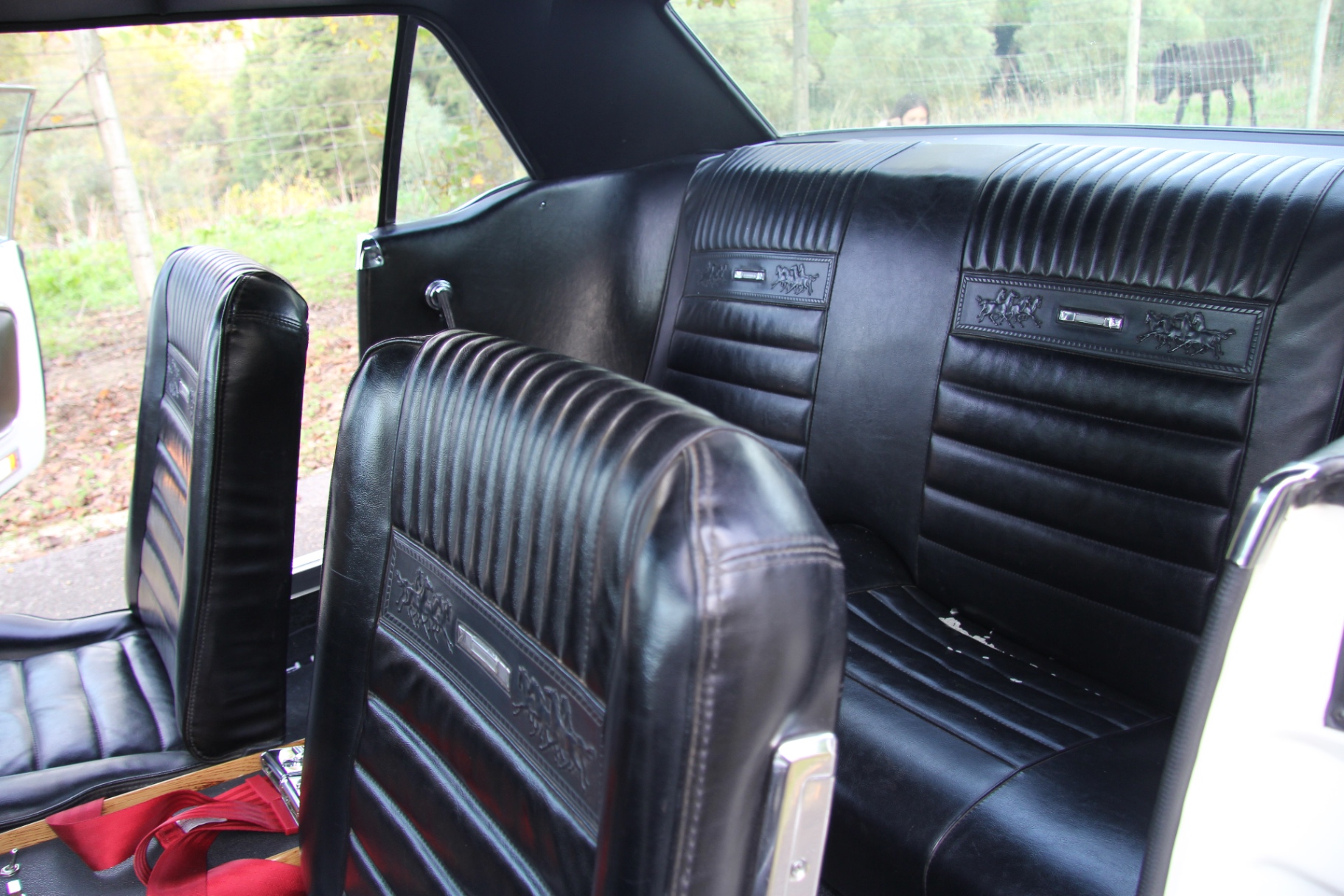 Bancos traseiros em pele preta do Ford Mustang 1966 com motivos de cavalos gravados, A&M Wedding Cars