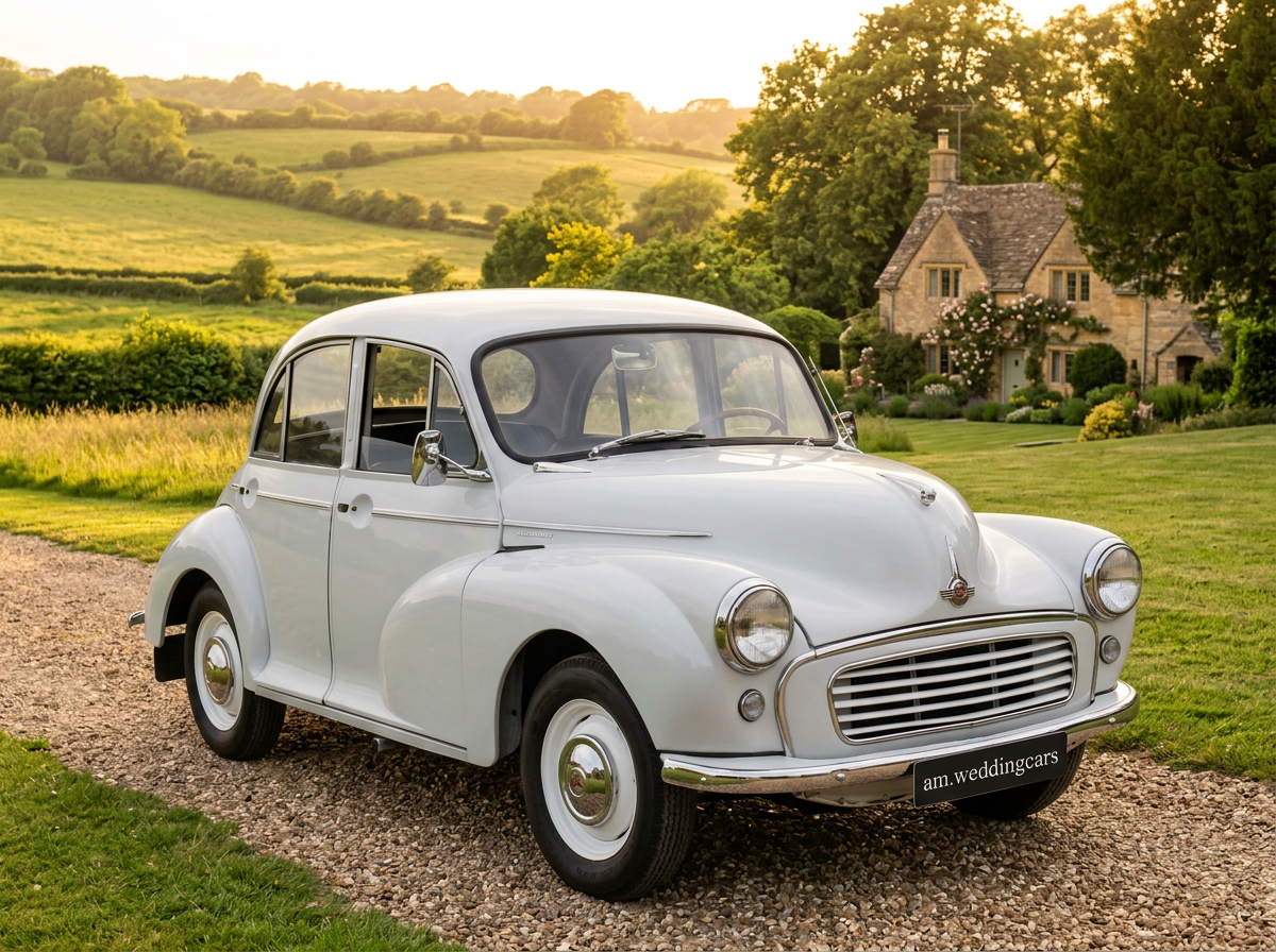 Morris Minor 1000 branco com jantes brancas, carro clássico para casamentos