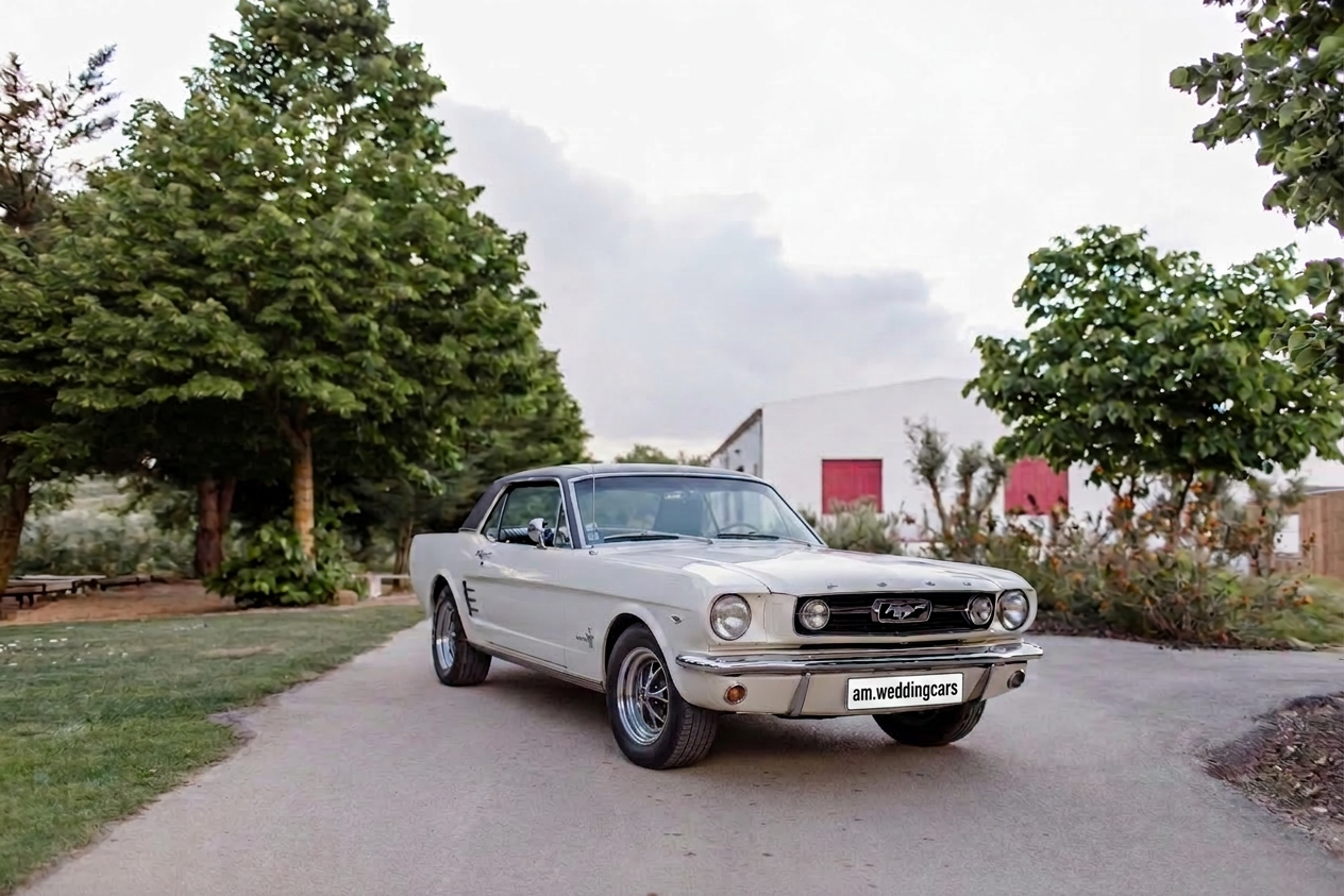 Ford Mustang clássico branco numa quinta ao entardecer, com matrícula am.weddingcars